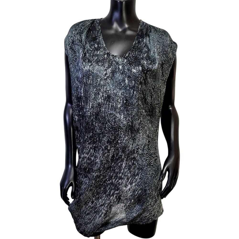 Helmut Lang Silk Blend Snakeskin Print V Neck Draped Tunic Top Black White